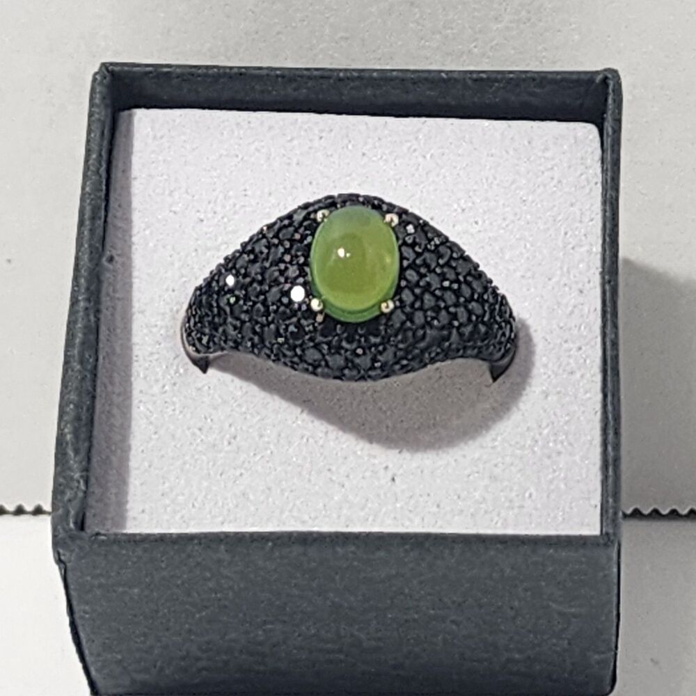 925 Sterling Silver Bingyang Green Jade & Marcasite Ststement Ring Sz 10/21mm